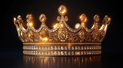 Fototapeta premium A luxurious golden crown adorned with sparkling jewels, showcased against a dark backdrop, exuding elegance
