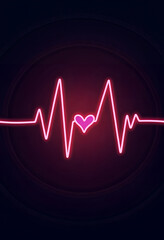 Glowing heartbeat line with heart in neon style, dark background