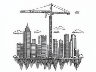 Naklejka premium Black and white architectural sketch of modern city skyline with towering skyscrapers and suspended construction crane symbolizing urban development