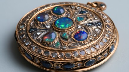 Fototapeta premium A vintage gold locket with embedded opals and intricate engravings