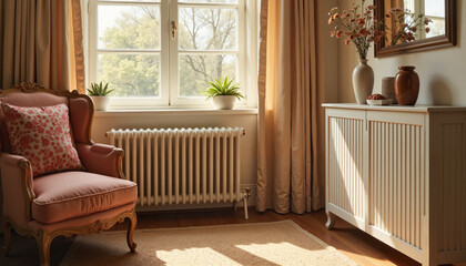 Cozy living room with armchair and plants by the window
