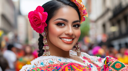 Smiling Woman in Traditional Carnival Attire at a Festive Parade