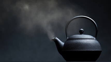 Steam rising dramatically from a black cast iron teapot filled with boiling water