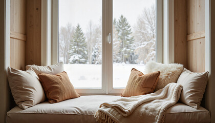 Cozy window seat with pillows and a winter view