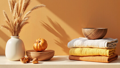 Stylish autumn decor with pumpkin and towels on wooden surface
