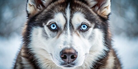 Naklejka premium Minimalist Close-Up of a Siberian Husky Dog Face, Blue Eyes, White Fur