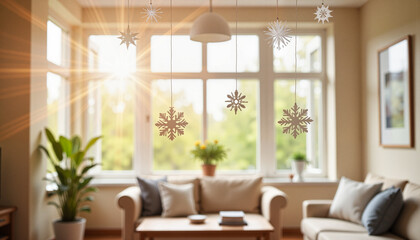 Cozy living room decorated with snowflake ornaments