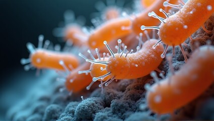 Close-up of rod-shaped Salmonella typhi bacteria: gram-negative, flagellated pathogens causing typhoid fever and systemic infections