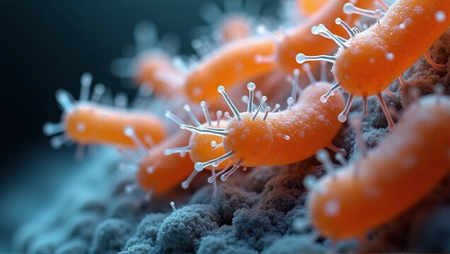 Close-up of rod-shaped Salmonella typhi bacteria: gram-negative, flagellated pathogens causing typhoid fever and systemic infections