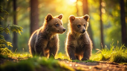 Fototapeta premium Minimalist Forest Exploration: Two Bear Cubs Discover Nature's Wonders