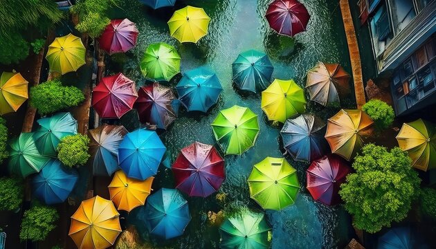 vista cenital de paraguas de colores de colores bajo una intensa lluvia en la ciudad