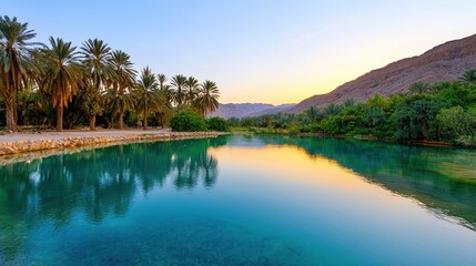 Obraz premium Serene Oasis Palm Trees Reflecting In Calm Water