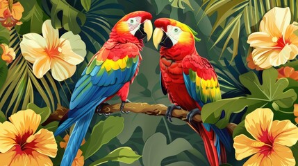 Fototapeta premium Two vibrant macaws perched on a branch amidst lush tropical foliage and colorful hibiscus flowers