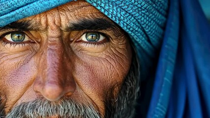 Elderly man with a thick gray beard and tanned skin, wearing a blue turban and matching clothing, possibly of South Asian or Middle Eastern descent.