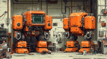 Orange Mechas in a Retro-Futuristic Workshop