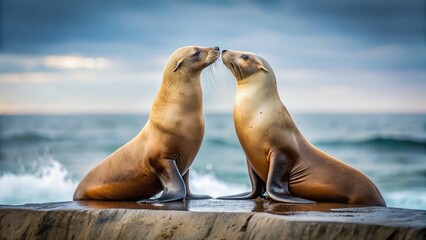 Fototapeta premium Minimalist Ocean Romance: Two Sea Lions Kissing on a Rock