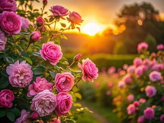 Minimalist Sunset Rose Bush: Vertical Pink Rose Bloom in Summer Garden