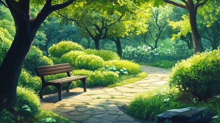 Fototapeta premium Sunlit park path, wooden bench, lush greenery.