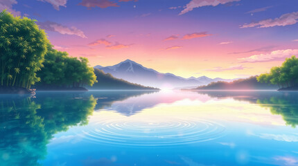 Peaceful mountain lake surrounded by bamboo grove - Anime aesthetic wallpaper