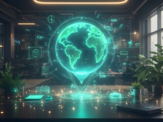 Overview of the future of business planning. Business growth with AI technology. Creative workplace. Solar energy. Wind turbines. Driving future success. Strategic planning for a sustainable future.
