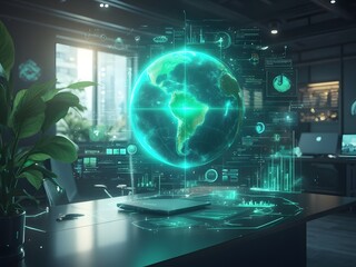 Overview of the future of business planning. Business growth with AI technology. Creative workplace. Solar energy. Wind turbines. Driving future success. Strategic planning for a sustainable future.