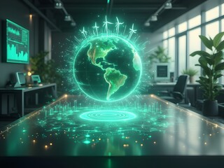 Obraz premium Overview of the future of business planning. Business growth with AI technology. Creative workplace. Solar energy. Wind turbines. Driving future success. Strategic planning for a sustainable future.