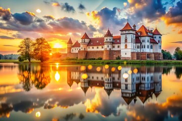 Naklejka premium Mir Castle Belarus, Stunning Medieval Castle Lake Bokeh Photography