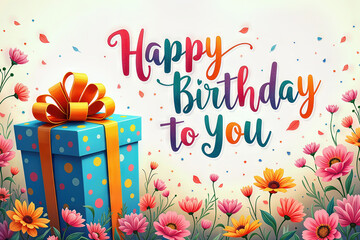 A vibrant birthday card featuring colorful text, a large wrapped gift, and beautiful flowers with falling confetti.