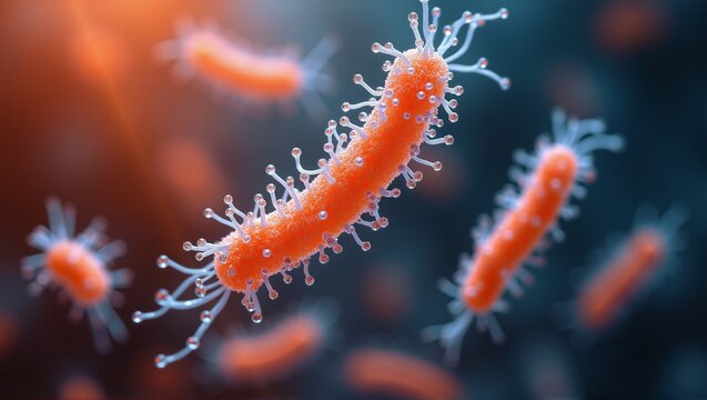 Close-up of rod-shaped Salmonella typhi bacteria: gram-negative, flagellated pathogens causing typhoid fever and systemic infections