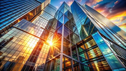 Fototapeta premium Modern Glass Skyscraper with Abstract Geometric Facade - Architectural Photography