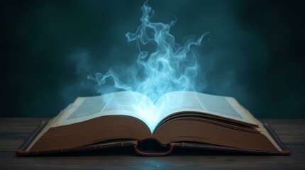 Bewitched Book With Magic Glows In The Darkness, open paper with magic light old spiritual literature of imagination, secret ritual education knowledge of mystery and supernatural fantasy
