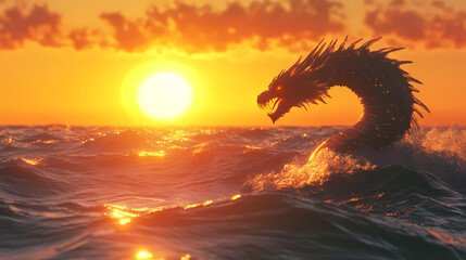 Majestic ice dragon emerging from ocean waves at sunset. Golden Storm Serpents. Illustration