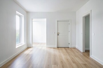 Obraz premium Modern Minimalist White Door Interior Stock Photo - Bright Room with Empty Wall Space