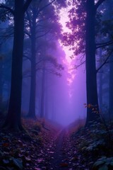 Obraz premium Deep purple and indigo hues shrouding the forest canopy, woodland, mist