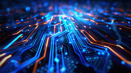 close up view of vibrant circuit board with blue and orange lights, showcasing intricate patterns and connections that evoke sense of technology and innovation