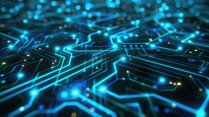 Futuristic blue circuit board design with glowing lines and nodes, representing technology and digital connections