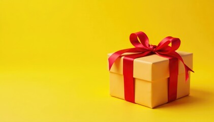 Fototapeta premium Delicate gift box wrapped in red ribbon against yellow backdrop, box, gift wrapping, luxury