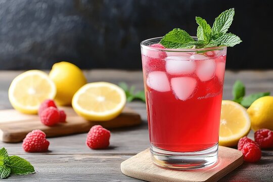 Refreshing raspberry lemonade drink served with mint leaves and lemon slices on a wooden table