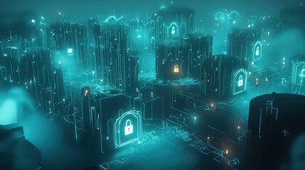 Obraz premium Futuristic Cityscape with Cyber Security Padlocks and Glowing Networks