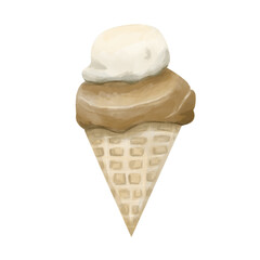 Watercolor Illustration with Vanilla and Chocolate Ice Cream Cone, Clipart Template for Print, Web Advertising, Textile