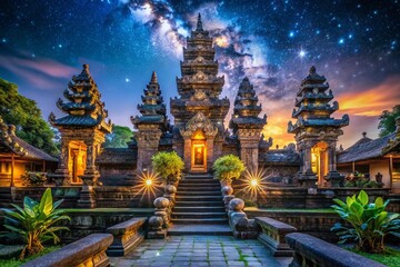 Fototapeta premium Mystical Night at Balinese Hindu Temple: Starry Sky over Ancient Architecture