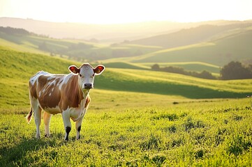 Serene Cow in Green Pasture at Sunset