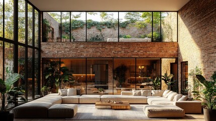 Fototapeta premium Modern open-plan living room with patio views, sunlight streaming through large windows