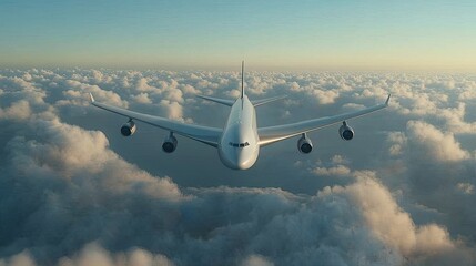 Obraz premium Airplane Flying Above White Fluffy Clouds in a Blue Sky