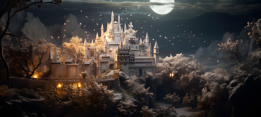 A miniature Castell world model was created using delicate origami techniques to create a three-dimensional effect, Ai Generative