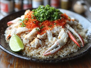 Spicy Crab Fried Rice: A close-up shot of a delectable dish of spicy crab fried rice, garnished with fresh scallions and a lime wedge. The dish is artfully arranged on a black plate.