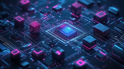 Abstract digital circuit board with glowing microchips and connections in vibrant colors