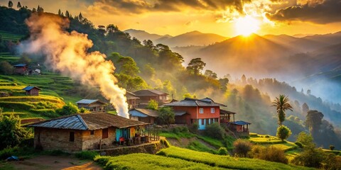 Nepal Country Life: Bokeh Dreams - Rural Village Scene at Sunset