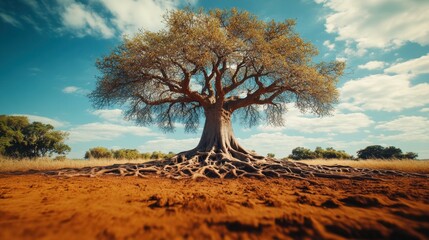 Obraz premium Majestic Tree with Expansive Roots Under Vibrant Blue Sky