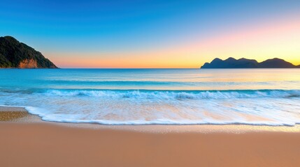 Serene Sunrise Beach Scene With Gentle Waves Rolling Ashore